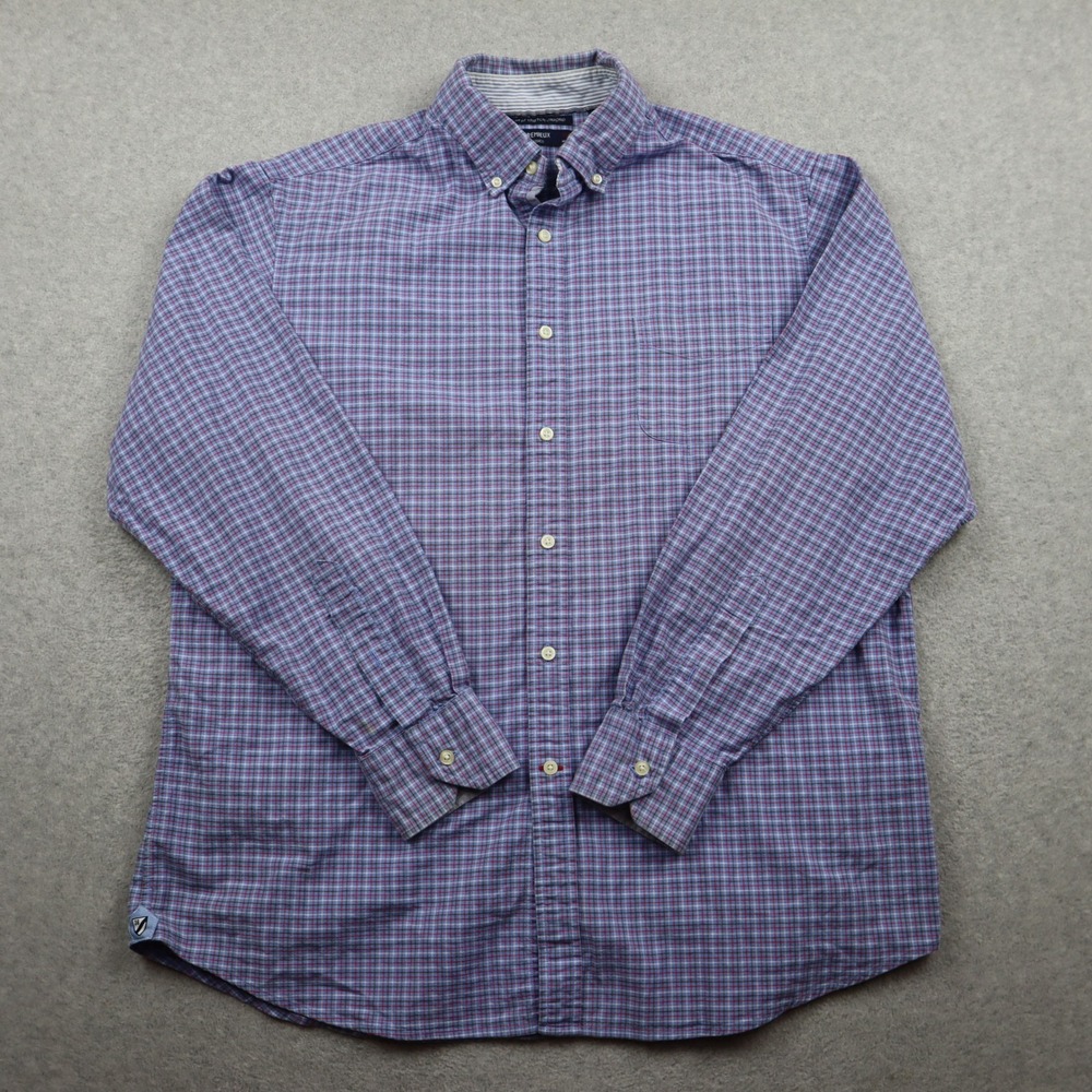Cremieux Shirt Mens XL Slim Fit Stretch Oxford Blue Red Plaid Button Long Sleeve